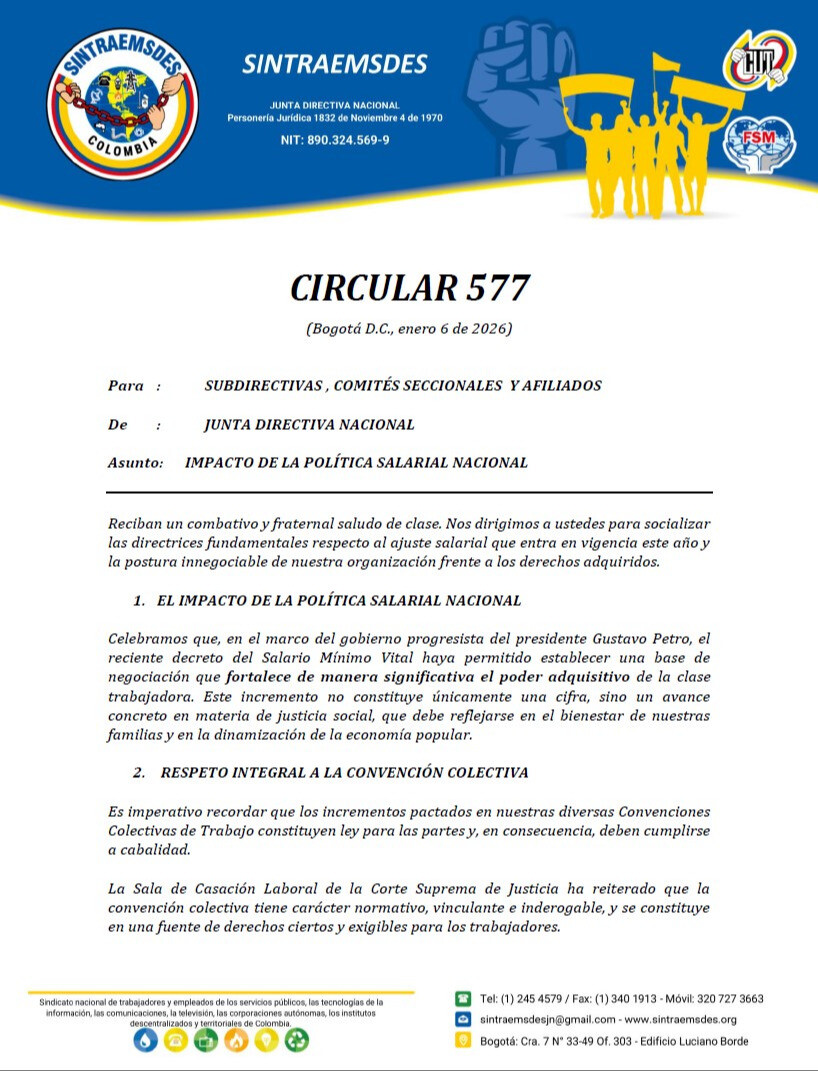 COMUNICADO A LAS SUBDIRECTIVAS, PRESIDENTES, AFILIADOS Y TRABAJADORES EN GENERAL