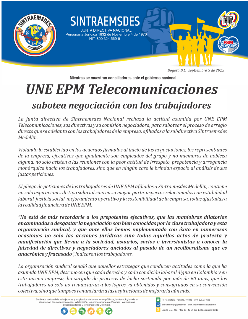 UNE EPM Telecomunicaciones sabotea negociación con los trabajadores