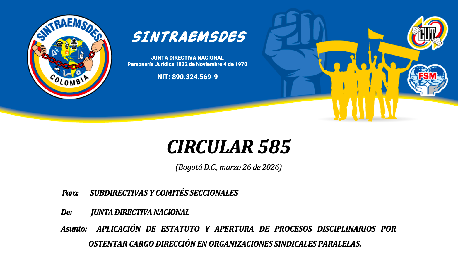 CIRCULAR 585 APLICACIÓN DE ESTATUTO