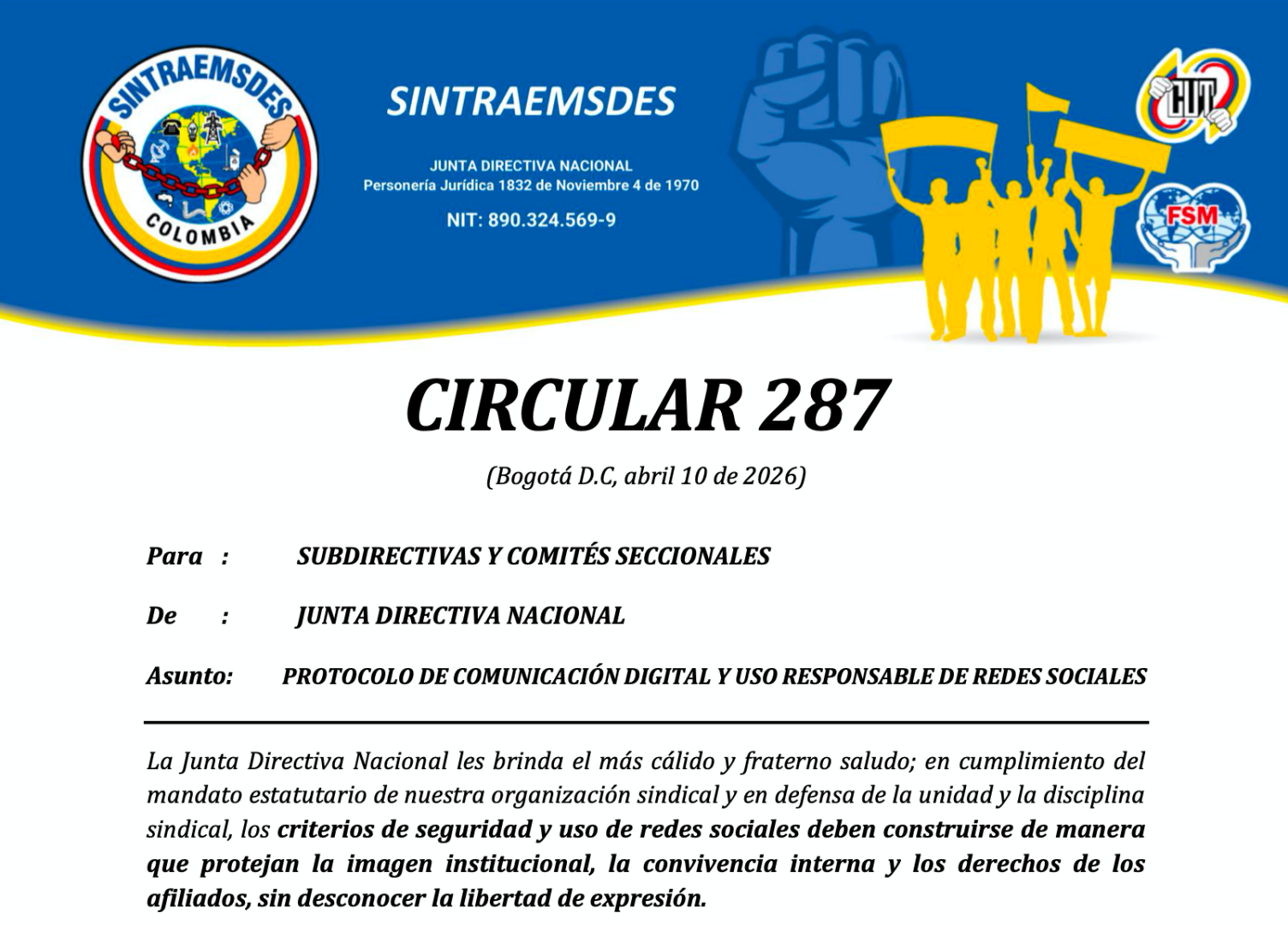 CIRCULAR 287 - PROTOCOLO DE COMUNICACIÓN DIGITAL Y USO RESPONSABLE DE REDES SOCIALES