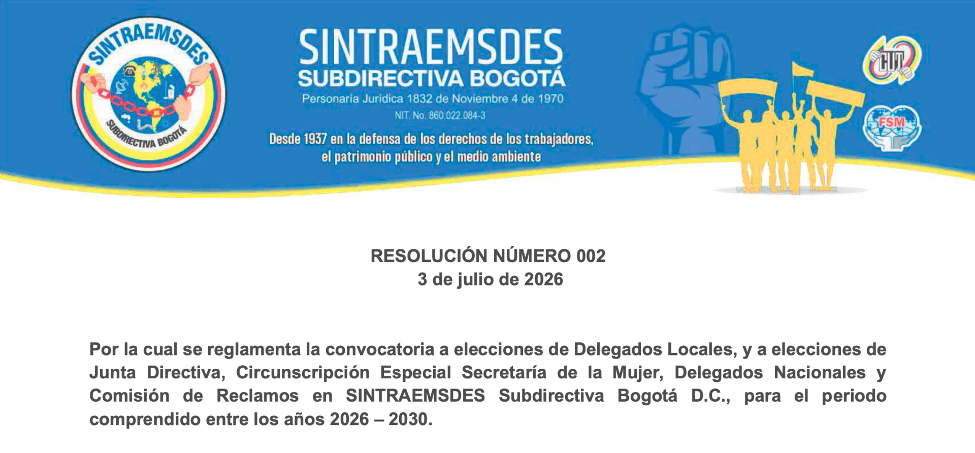 SINTRAEMSDES Bogotá convoca a elecciones para renovar su dirección sindical en el periodo 2026–2030