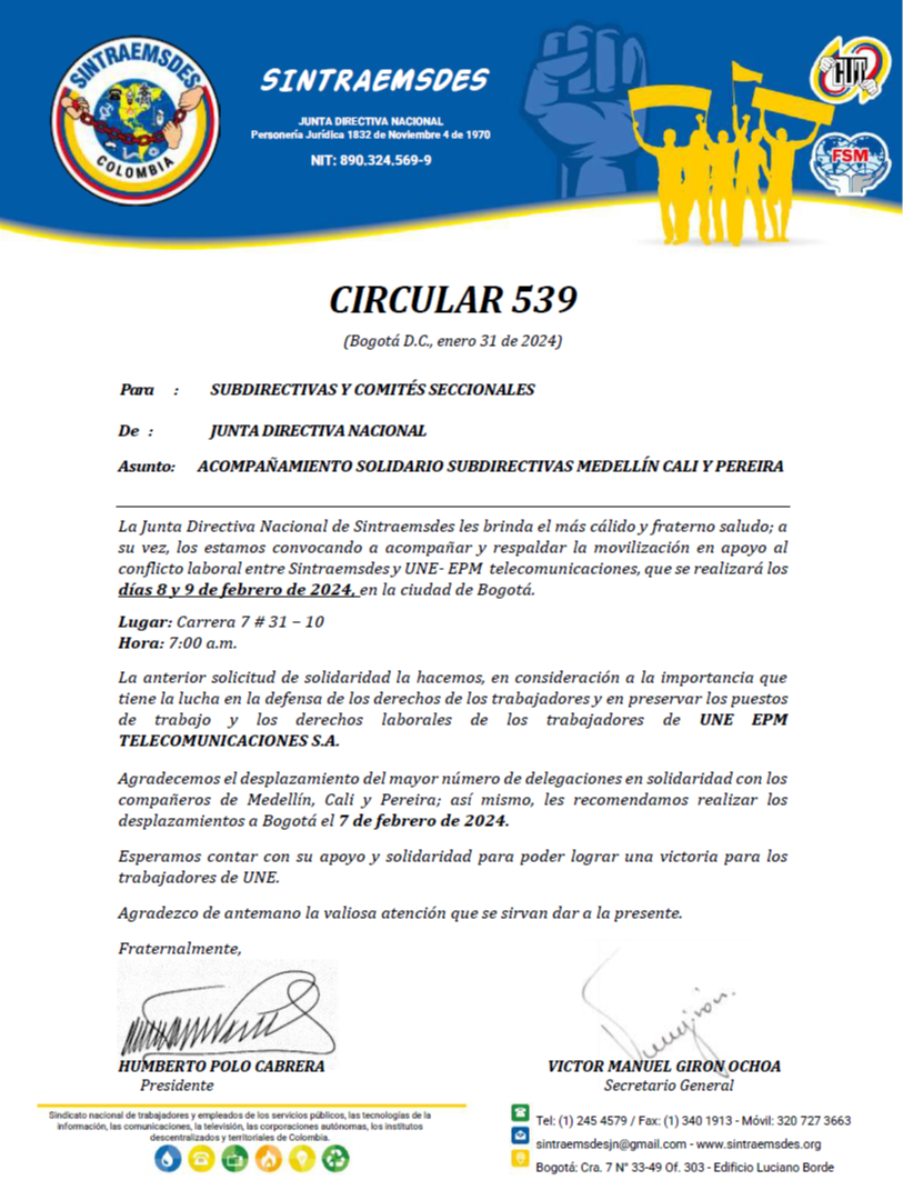 Circular 539 Acompañamiento solidario subdirectivas Medellín, Cali y Pereira