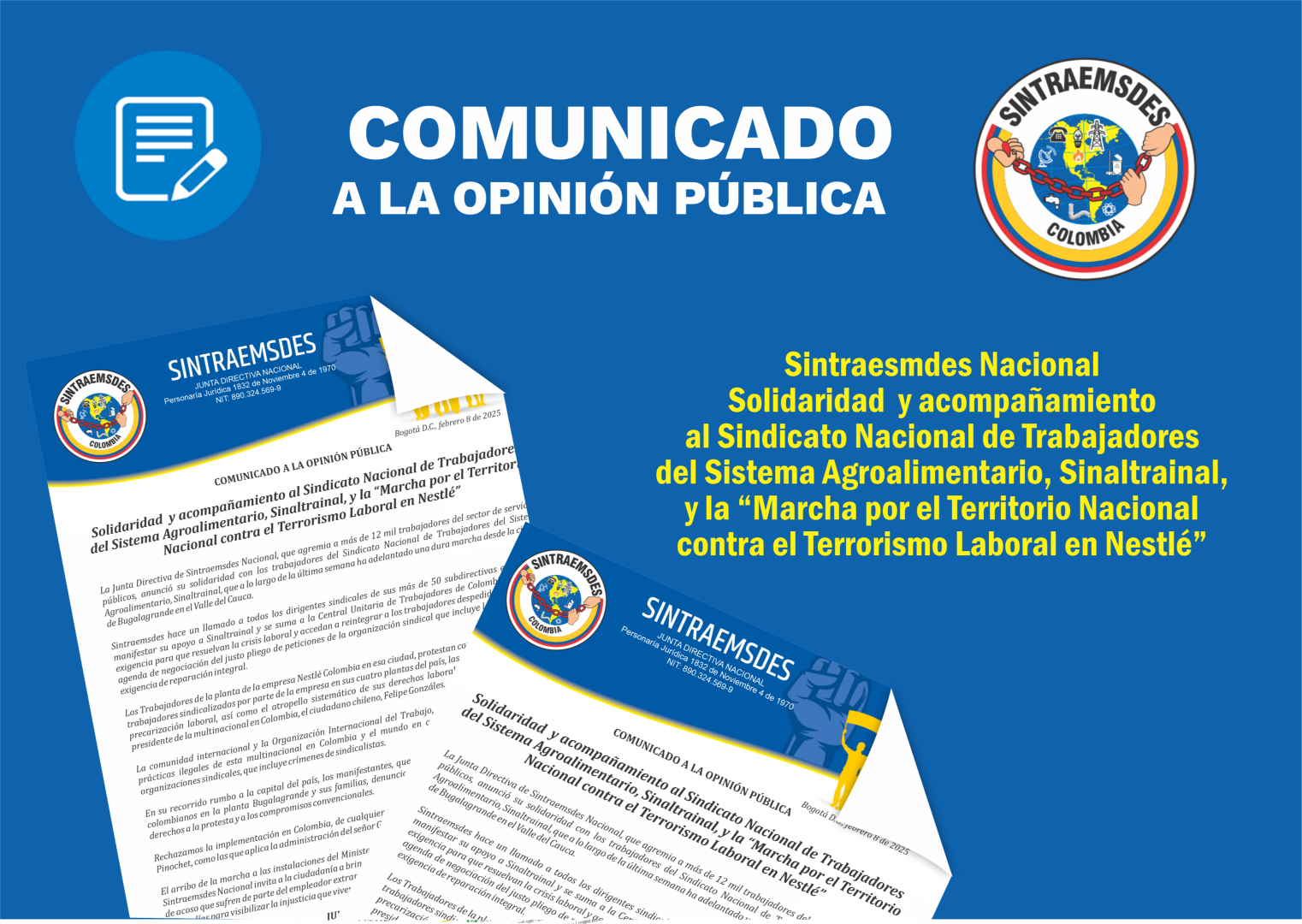 Comunicado a la opinión pública Sintraesmdes Nacional  Solidaridad  y acompañamiento a Sinaltrainal