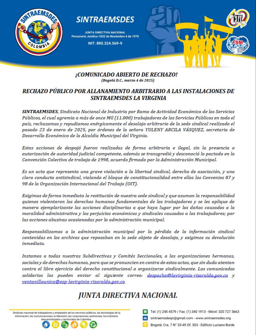 RECHAZO PÚBLICO POR ALLANAMIENTO ARBITRARIO A LAS INSTALACIONES DE SINTRAEMSDES LA VIRGINIA