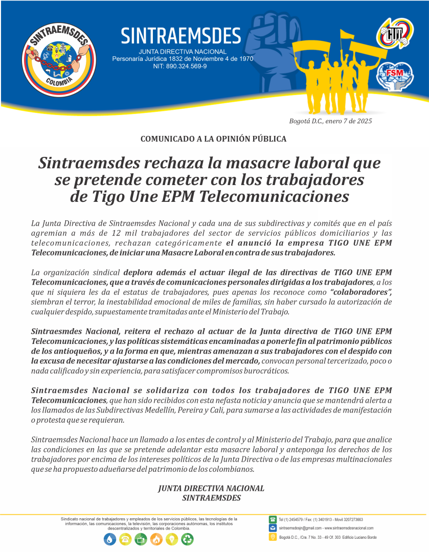 Sintraemsdes rechaza la masacre laboral que se pretende cometer con los trabajadores de Tigo Une EPM Telecomunicaciones
