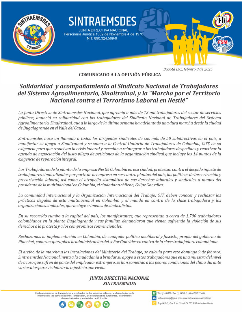 Sintraemsdes en solidaridad con Sinaltrainal