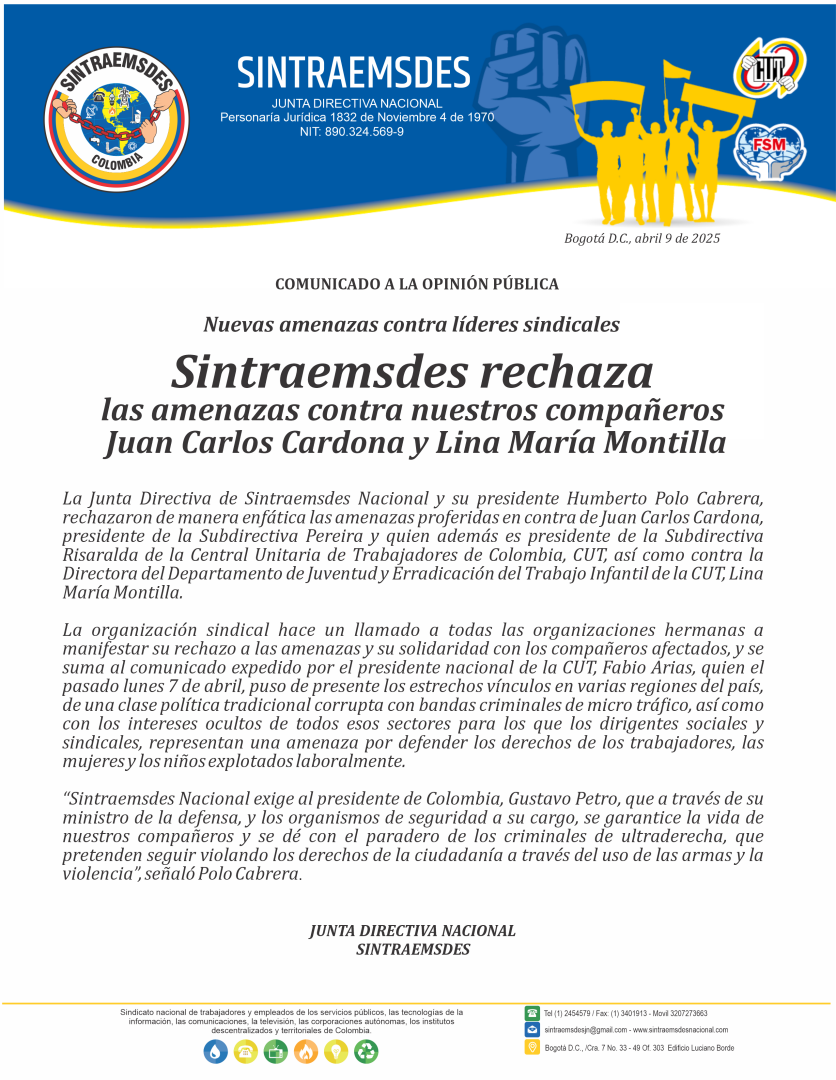 Nuevas amenazas contra líderes sindicales