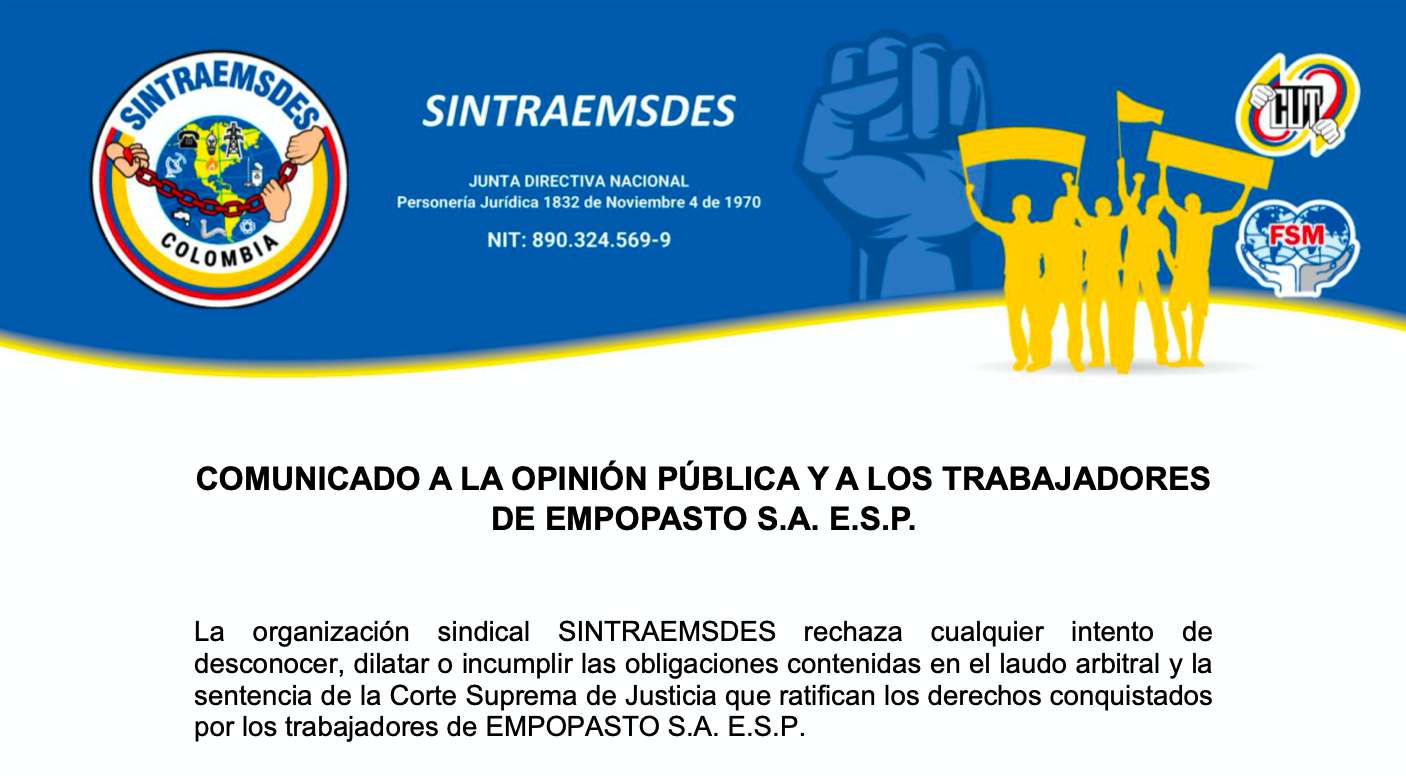 COMUNICADO A LA OPINIÓN PÚBLICA Y A LOS TRABAJADORES DE EMPOPASTO S.A. E.S.P
