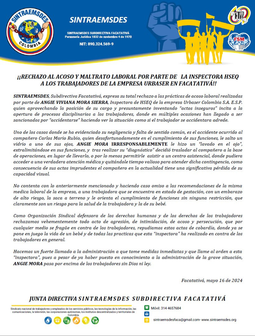 ¡¡RECHAZO AL ACOSO Y MALTRATO LABORAL POR PARTE DE LA INSPECTORA HSEQ A LOS TRABAJADORES DE LA EMPRESA URBASER EN FACATATIVÁ!!