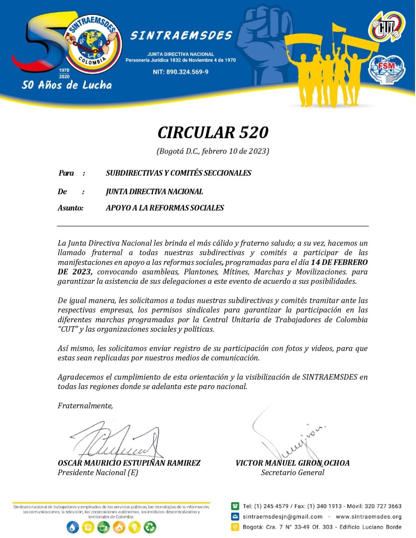 Circular 520  apoyo a las reformas sociales