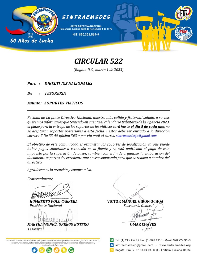 Circular 522 soportes viáticos