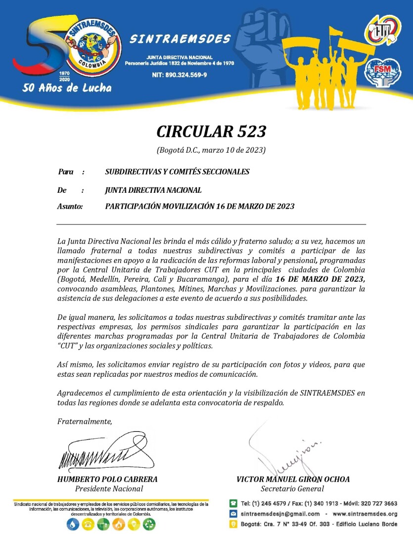 Circular 523  participación movilización 16 de marzo