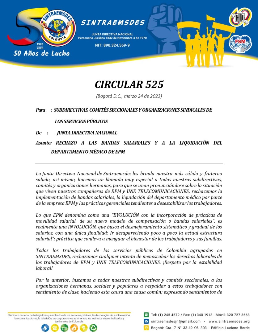 Circular 525  rechazo a las bandas salariales y a la liquidación del departamento médico de epm
