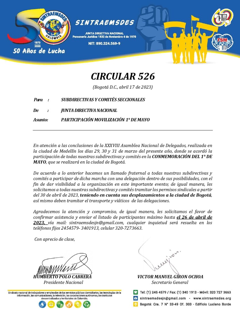 Circular 526  participación movilización 1 de mayo