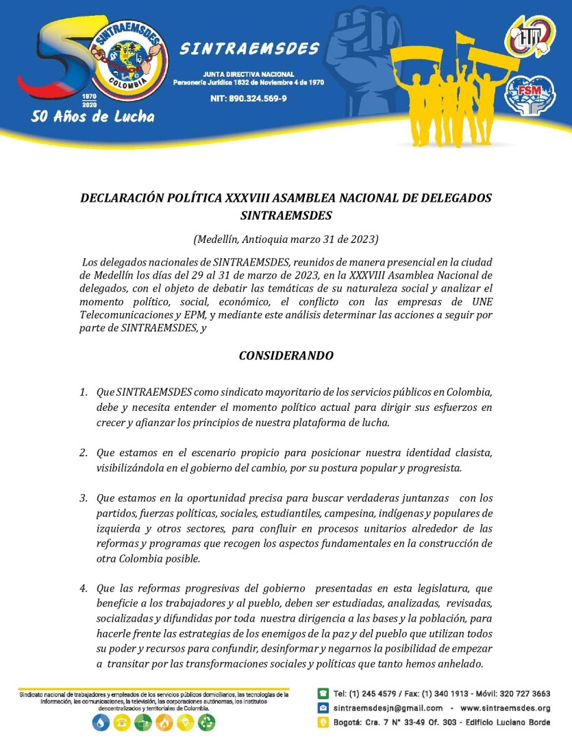 Declaración política XXXVIII asamblea-nacional de delegados sintraemsdes
