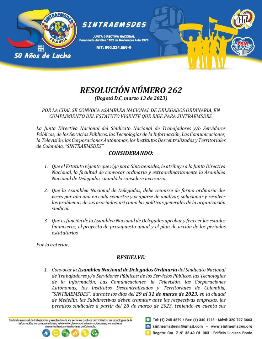 Resolución no  262  convocatoria  XXXVIII asamblea nacional de delegados