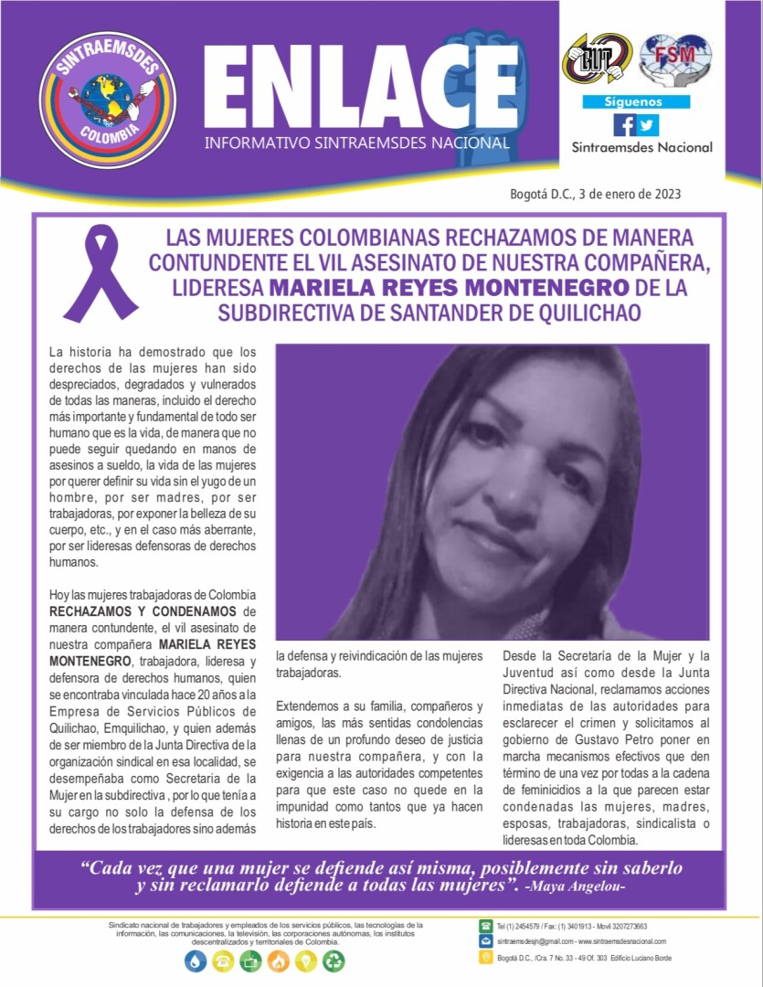 Las mujeres colombianas rechazamos de manera contundente el vil asesinato de nuestras compañera