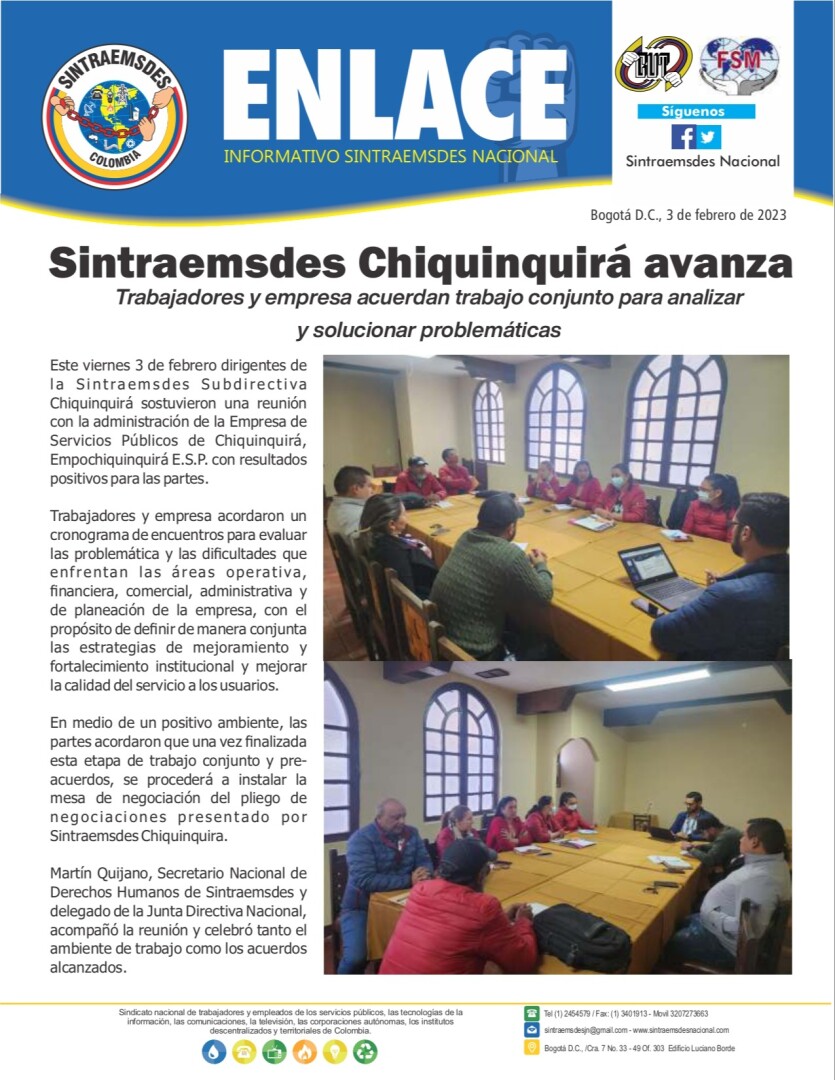 Sintraemsdes Chiquinquirá avanza