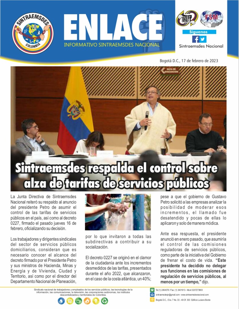 Sintraemsdes respalda el control sobre alza de tarifas de servicios públicos