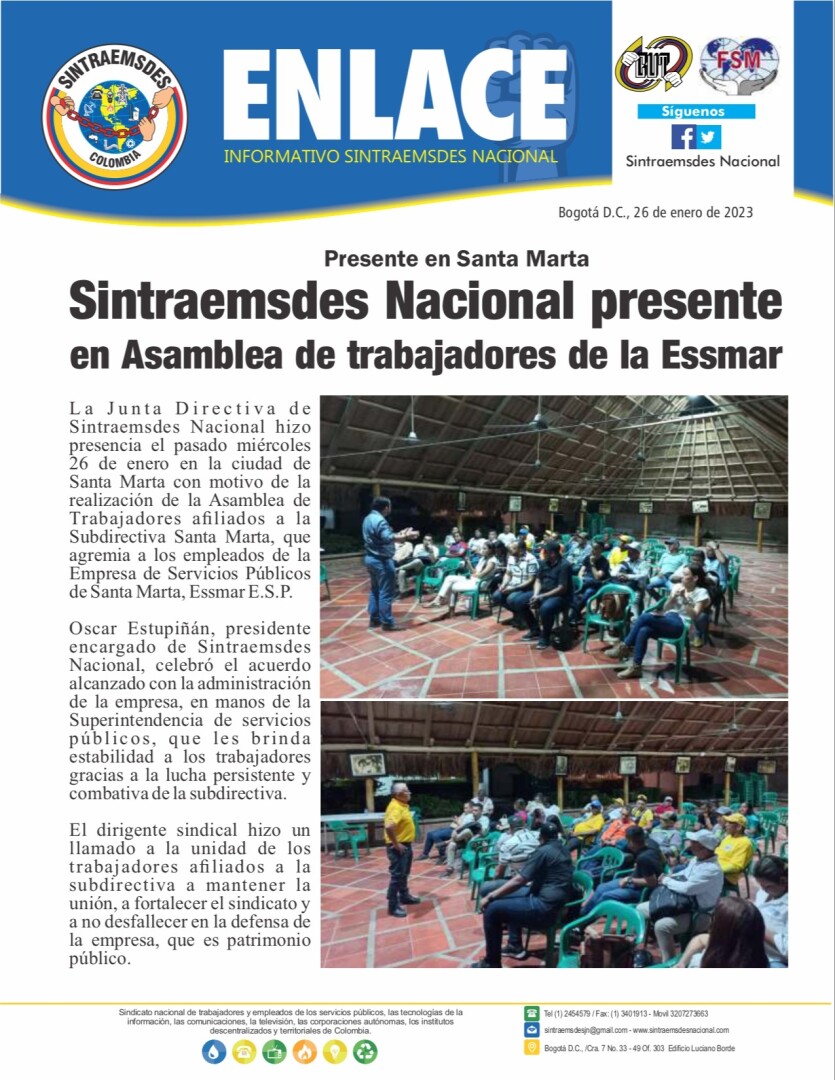 Sintraemsdes Nacional presente en Asamblea de trabajadores de la Essmar