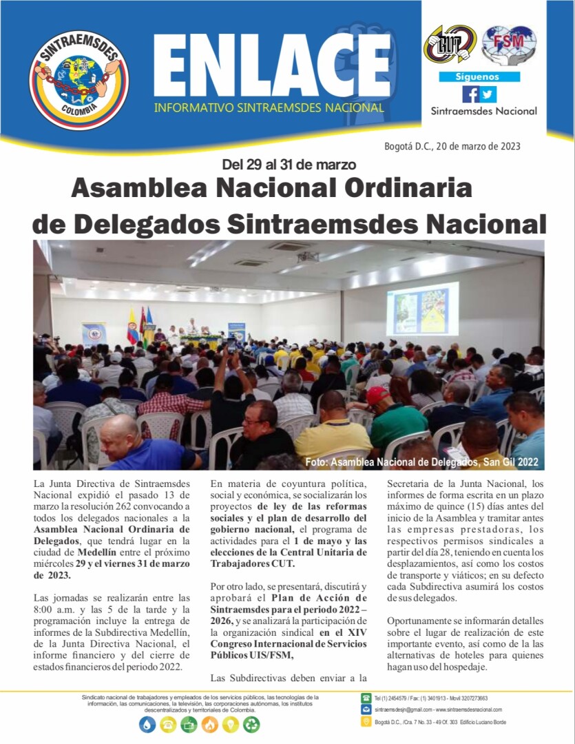 Asamblea Nacional Ordinaria de Delegados Sintraemsdes Nacional