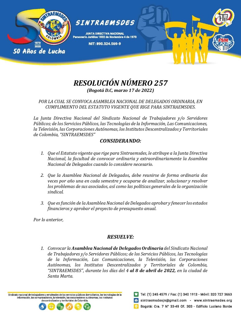 Resolucion No 257  Convocatoria XXXVI Asamblea Nacional delegados  (4-8)