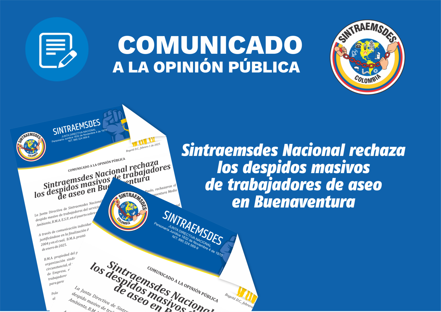 Sintraemsdes Nacional rechaza  los despidos masivos de trabajadores de aseo en Buenaventura