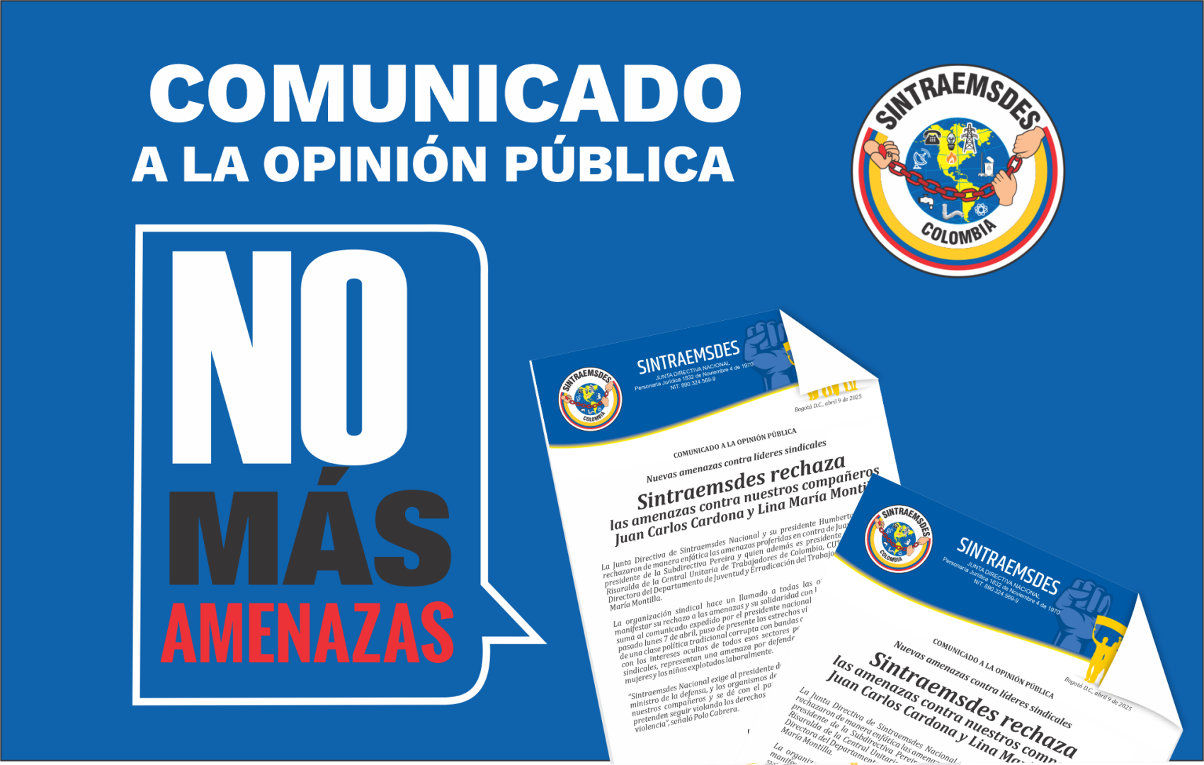 Sintraemsdes rechaza  las amenazas contra nuestros compañeros   Juan Carlos Cardona y Lina María Montilla