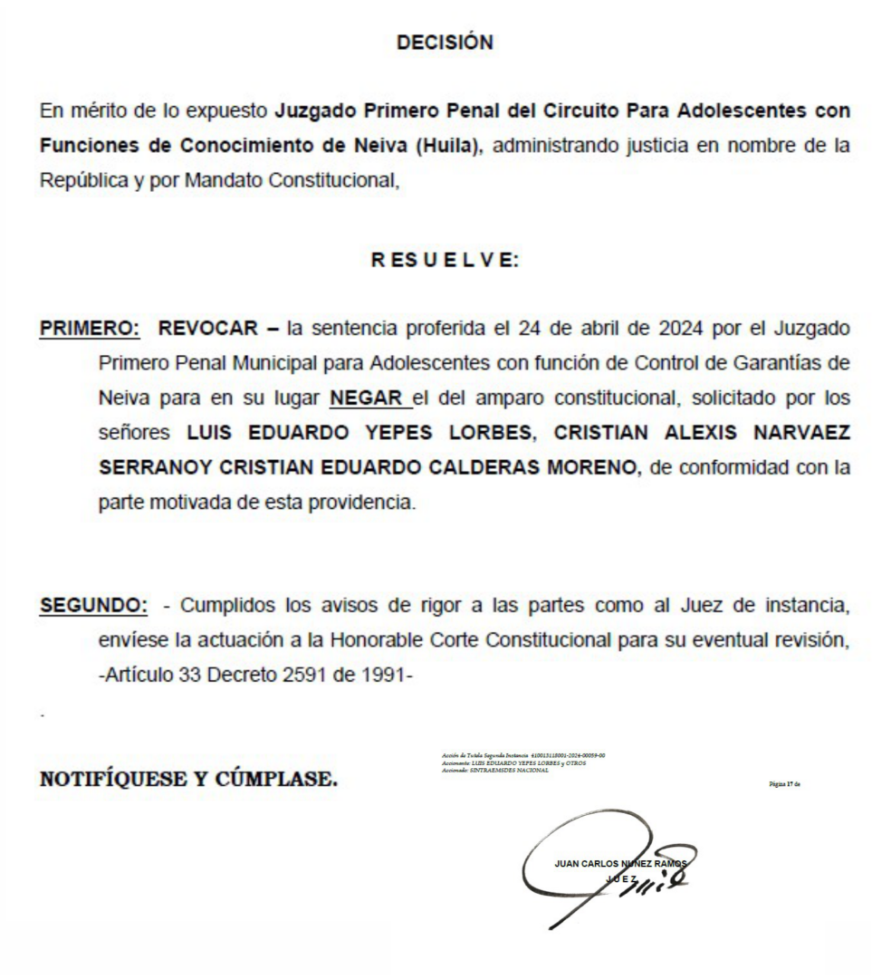 FALLO DE TUTELA DEJA EN FIRME LAS EXPULSIONES DE EXDIRECTIVOS DE SINTRAEMSDES NEIVA