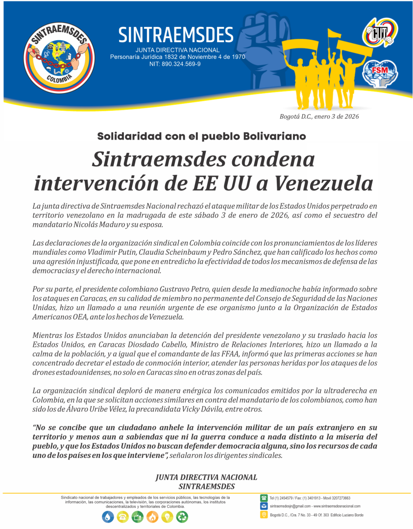 Sintraemsdes condena intervención de EE UU a Venezuela