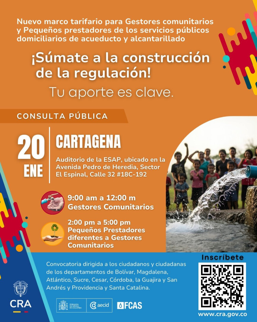 La CRA realiza el 20 de enero en Cartagena consulta pública del proyecto del Nuevo Marco Tarifario de Acueducto y Alcantarillado para Gestores Comunitarios y Pequeños Prestadores